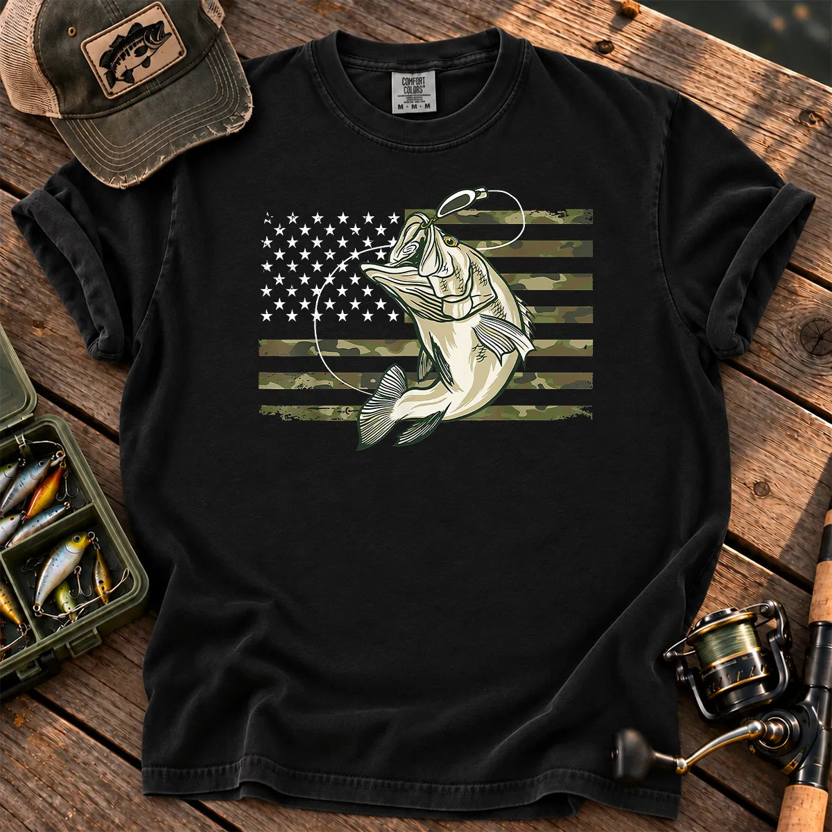 Camo American Flag Bass T-Shirt in Black