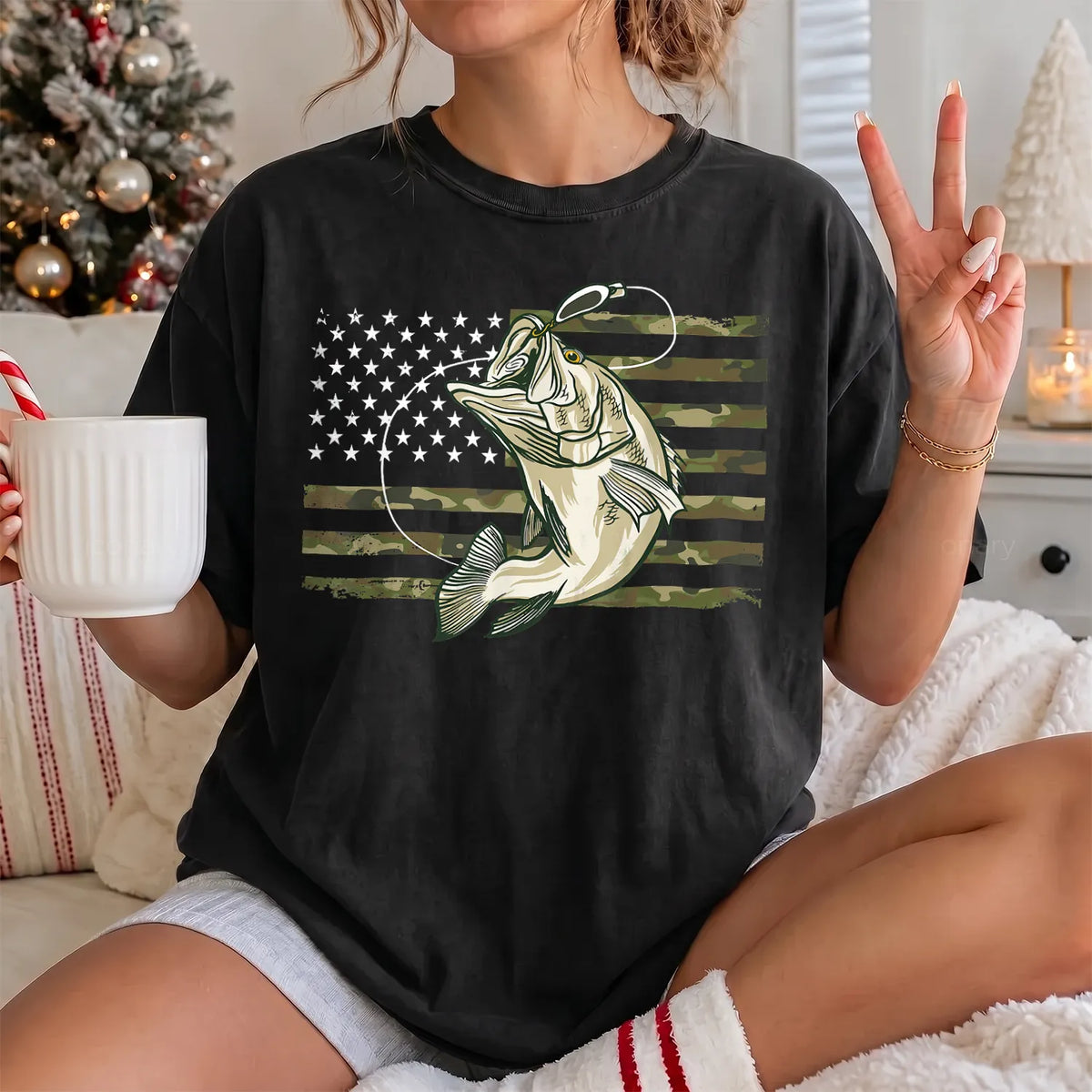 Camo American Flag Bass T-Shirt Women model in Black
