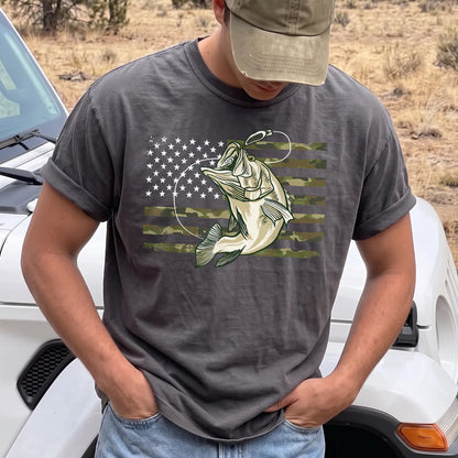 Camo American Flag Bass T-Shirt Men model in Pepper