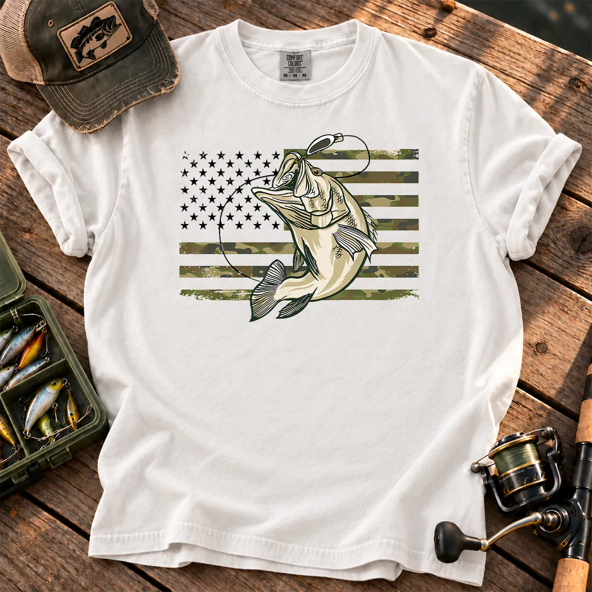 Camo American Flag Bass T-Shirt in White
