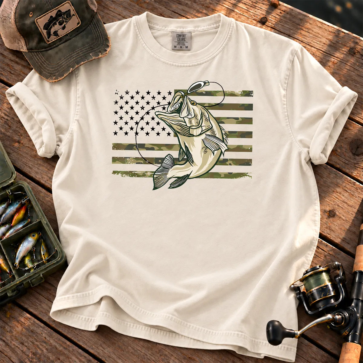 Camo American Flag Bass T-Shirt in Ivory