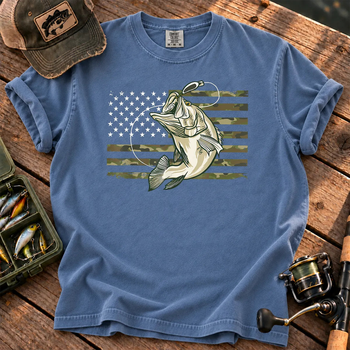 Camo American Flag Bass T-Shirt in Blue Jean
