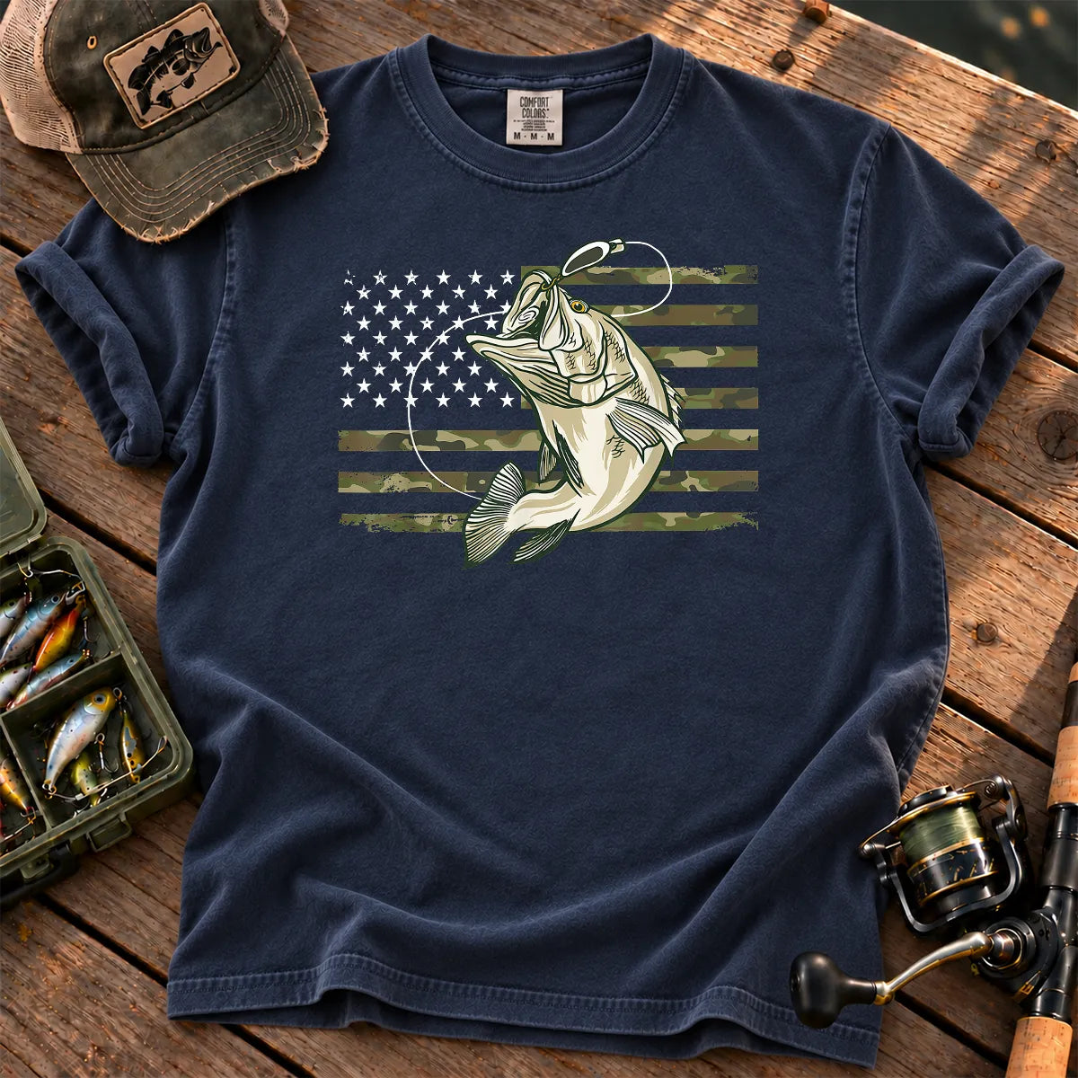 Camo American Flag Bass T-Shirt in True Navy