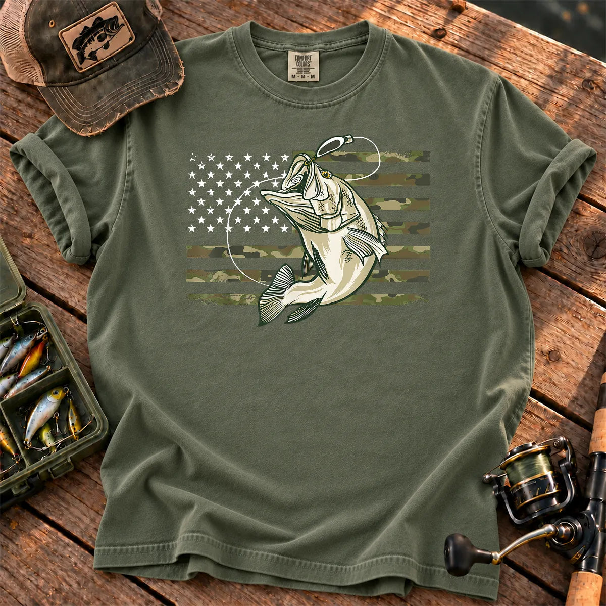 Camo American Flag Bass T-Shirt in Moss