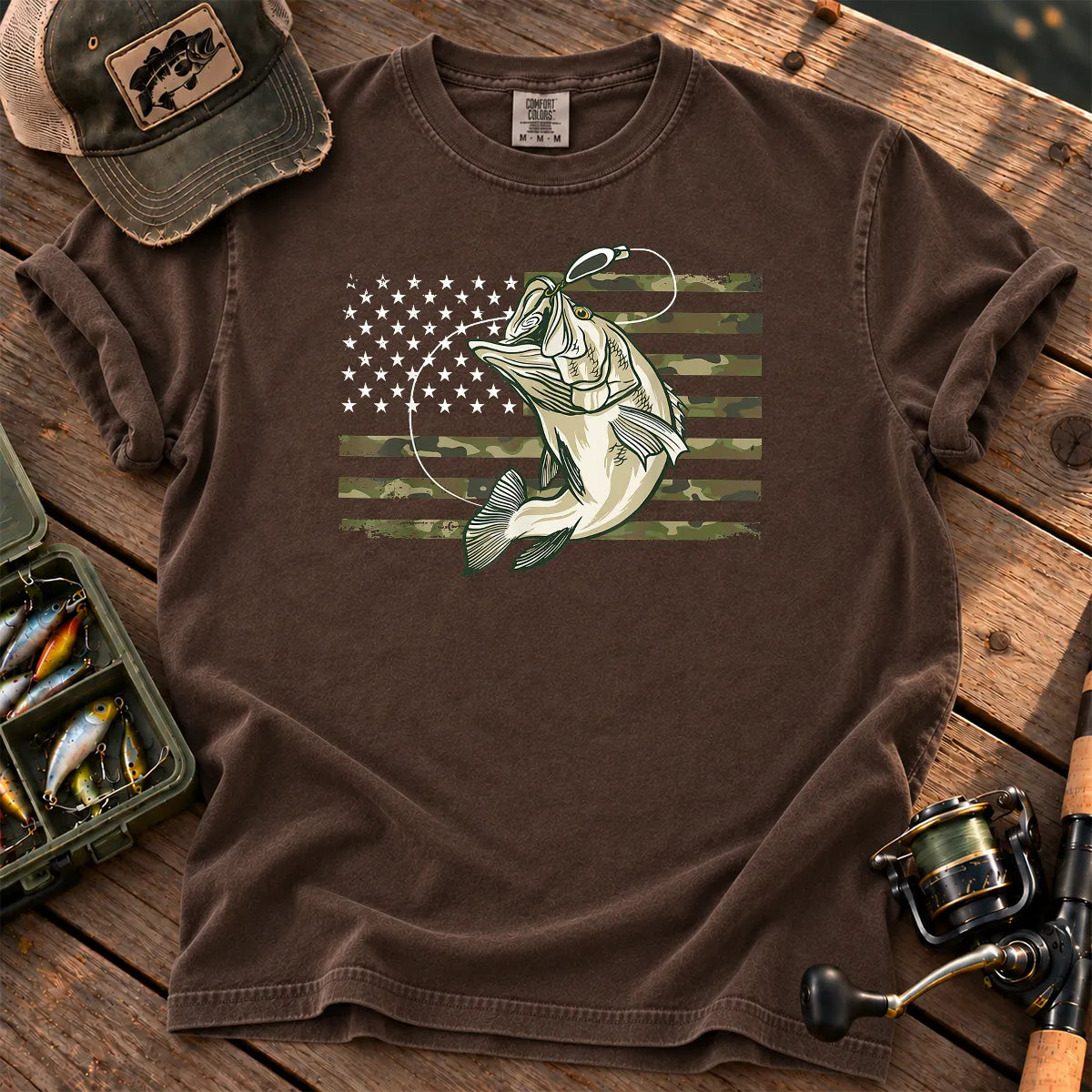 Camo American Flag Bass T-Shirt in Espresso