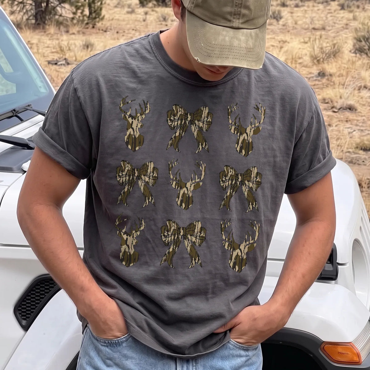 Camo Bow Deer Hunt T-Shirt Men model in Pepper