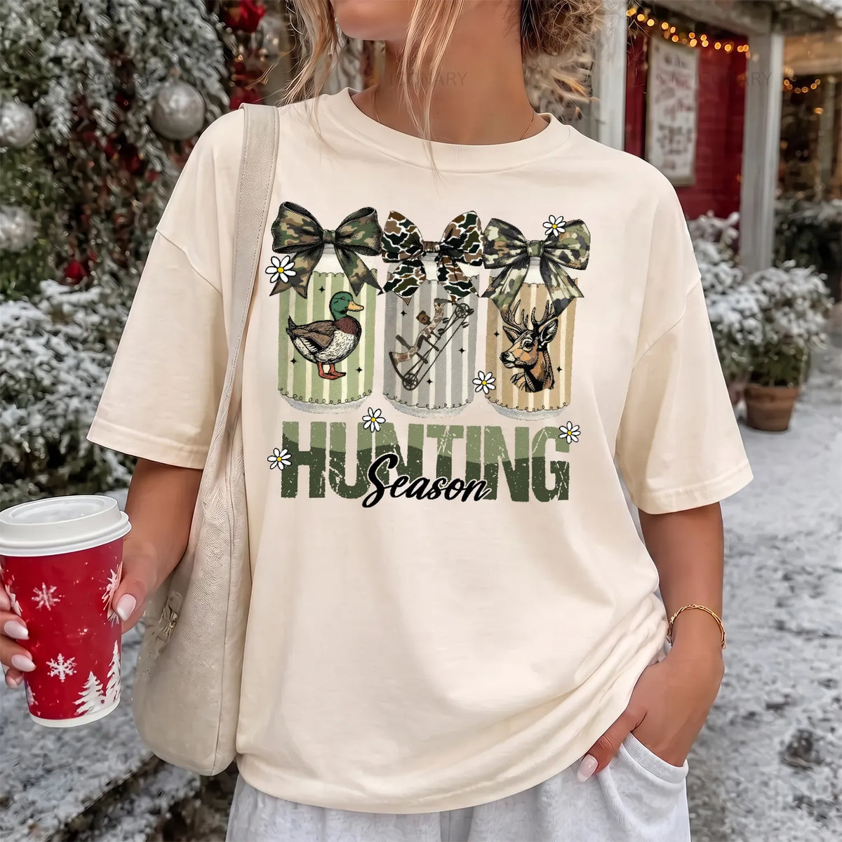 Camo Bow Hunting Season T-Shirt Women model in Ivory