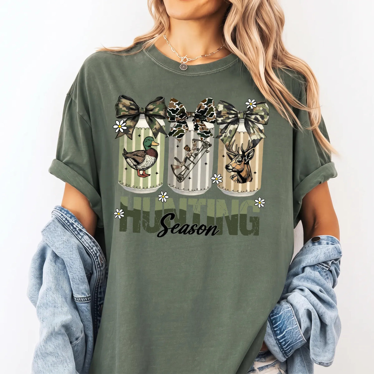 Camo Bow Hunting Season T-Shirt Women model in Moss