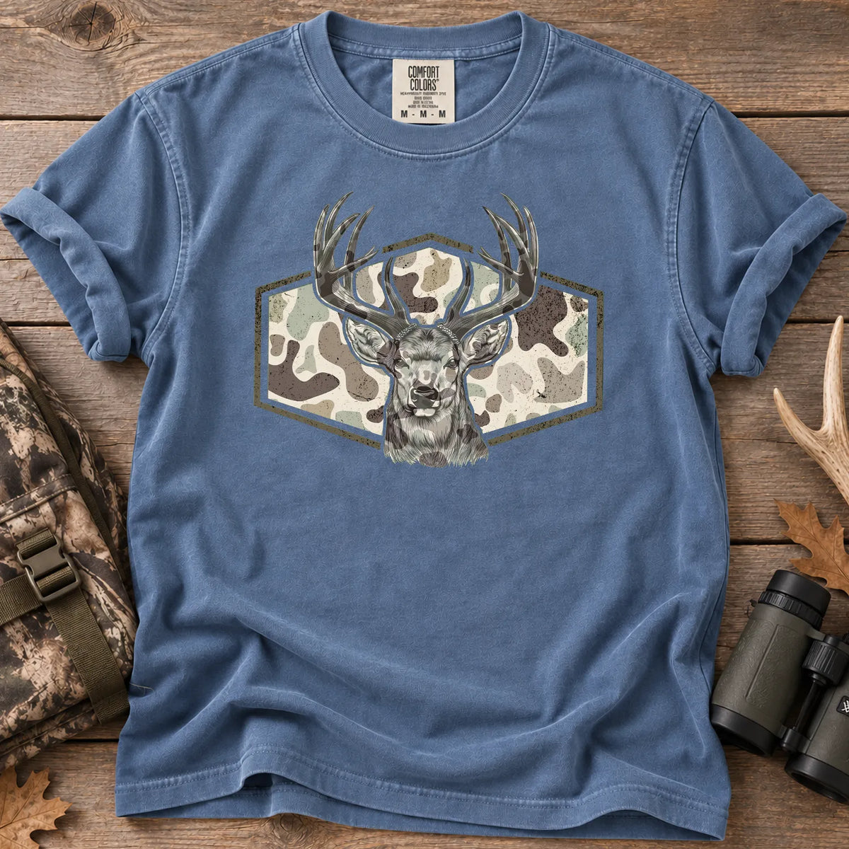 Camo Buck Hunting T-Shirt in Blue Jean
