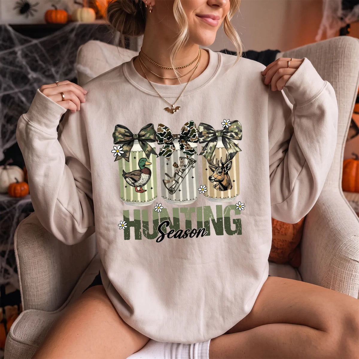 Camo Coquette Hunting Season Bow Sweatshirt Women model in Sand