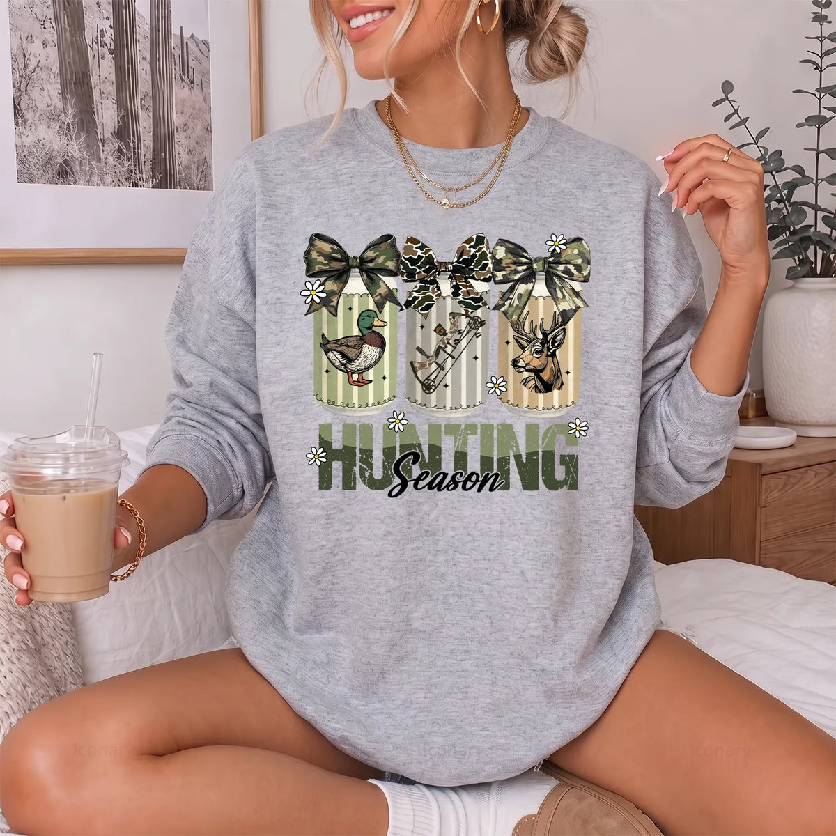 Camo Coquette Hunting Season Bow Sweatshirt Women model in Sport Grey