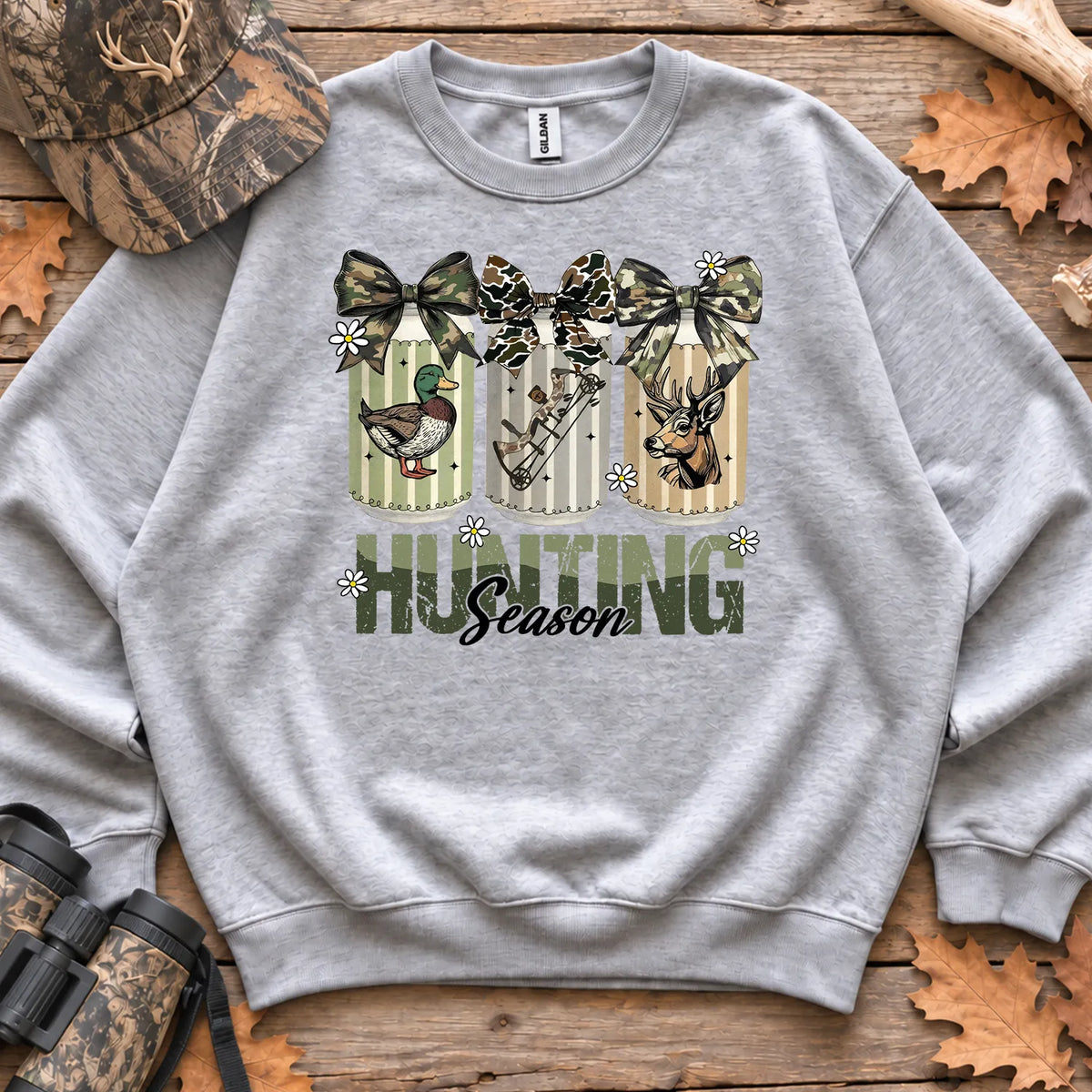 Camo Coquette Hunting Season Bow Sweatshirt in Sport Grey