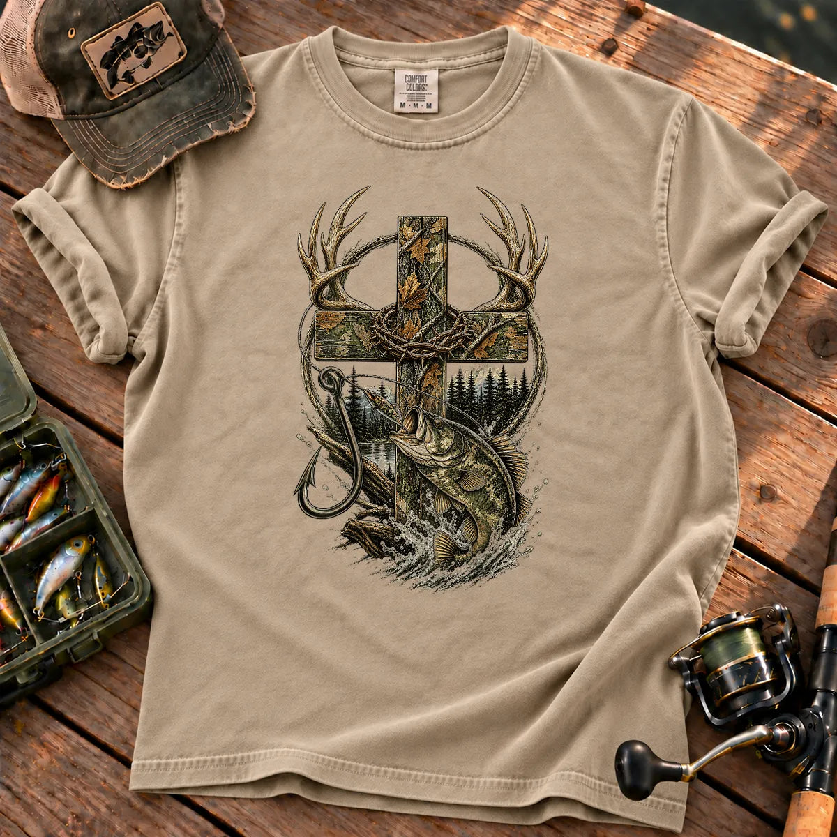 Camo Cross Hunting and Fishing T-Shirt in Sandstone