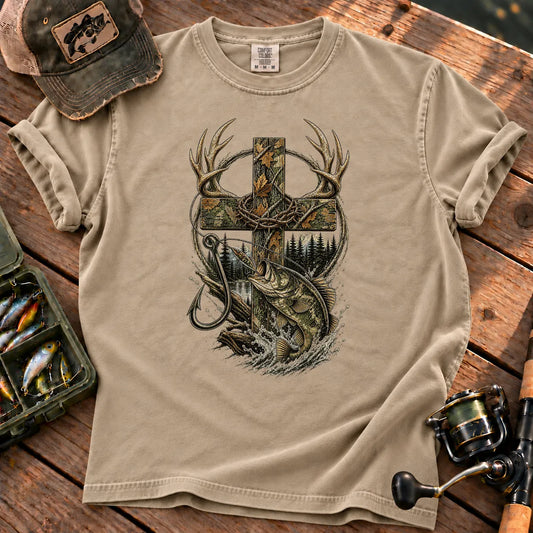 Camo Cross Hunting and Fishing T-Shirt in Sandstone
