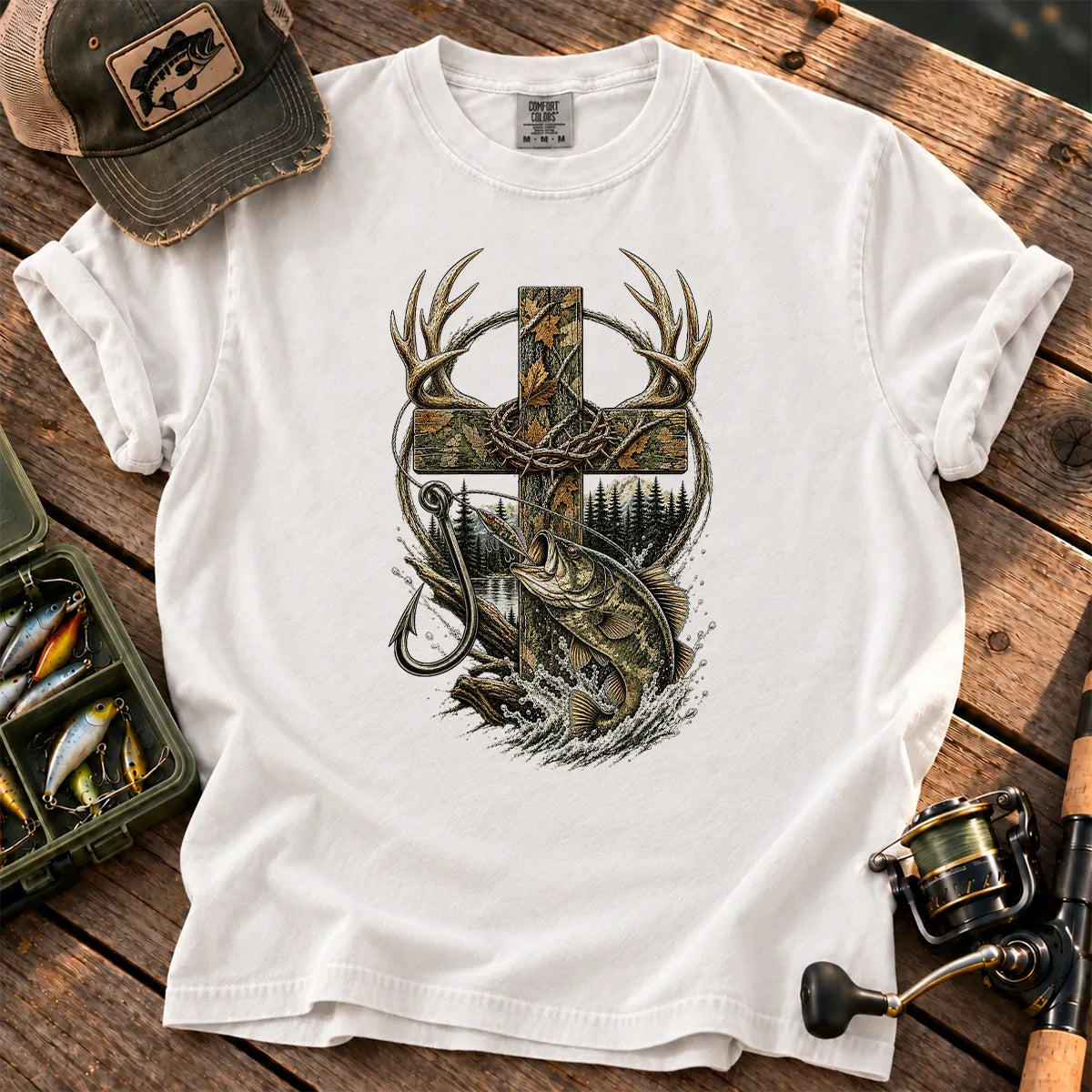 Camo Cross Hunting and Fishing T-Shirt in White