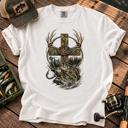 Camo Cross Hunting and Fishing T-Shirt in White
