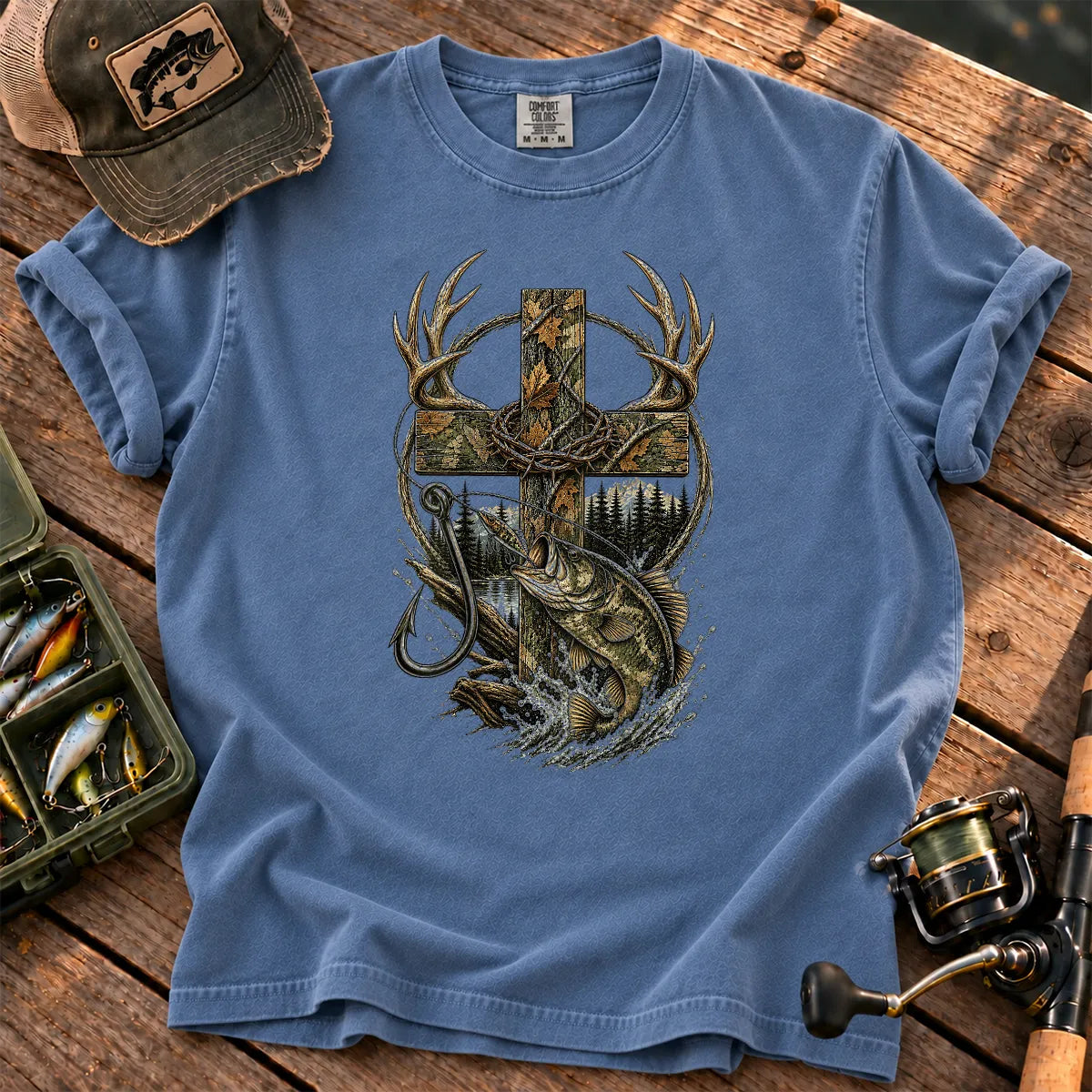 Camo Cross Hunting and Fishing T-Shirt in Blue Jean