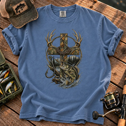 Camo Cross Hunting and Fishing T-Shirt in Blue Jean