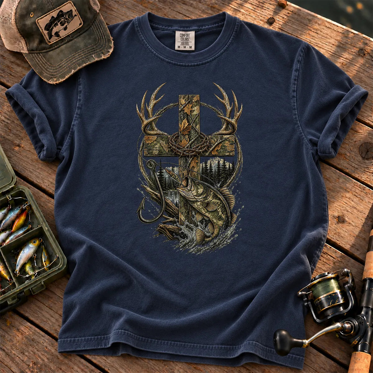 Camo Cross Hunting and Fishing T-Shirt in True Navy