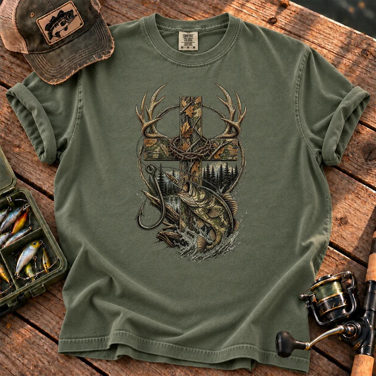 Camo Cross Hunting and Fishing T-Shirt in Moss