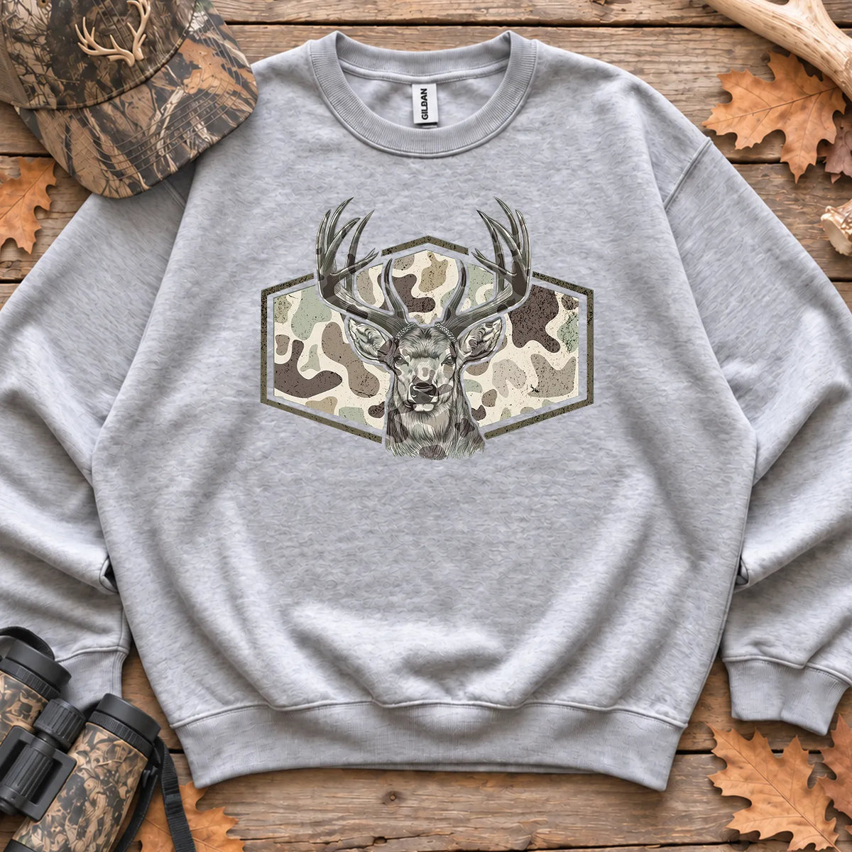 Camo Deer Hunter Badge Sweatshirt in Sport Grey