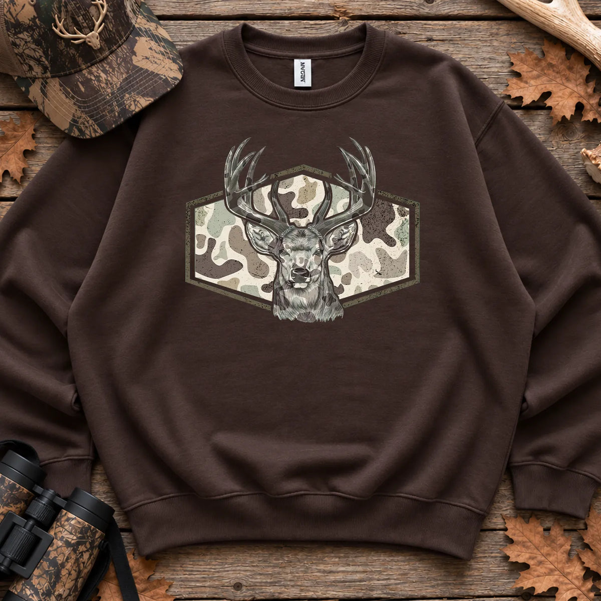 Camo Deer Hunter Badge Sweatshirt in Dark Chocolate
