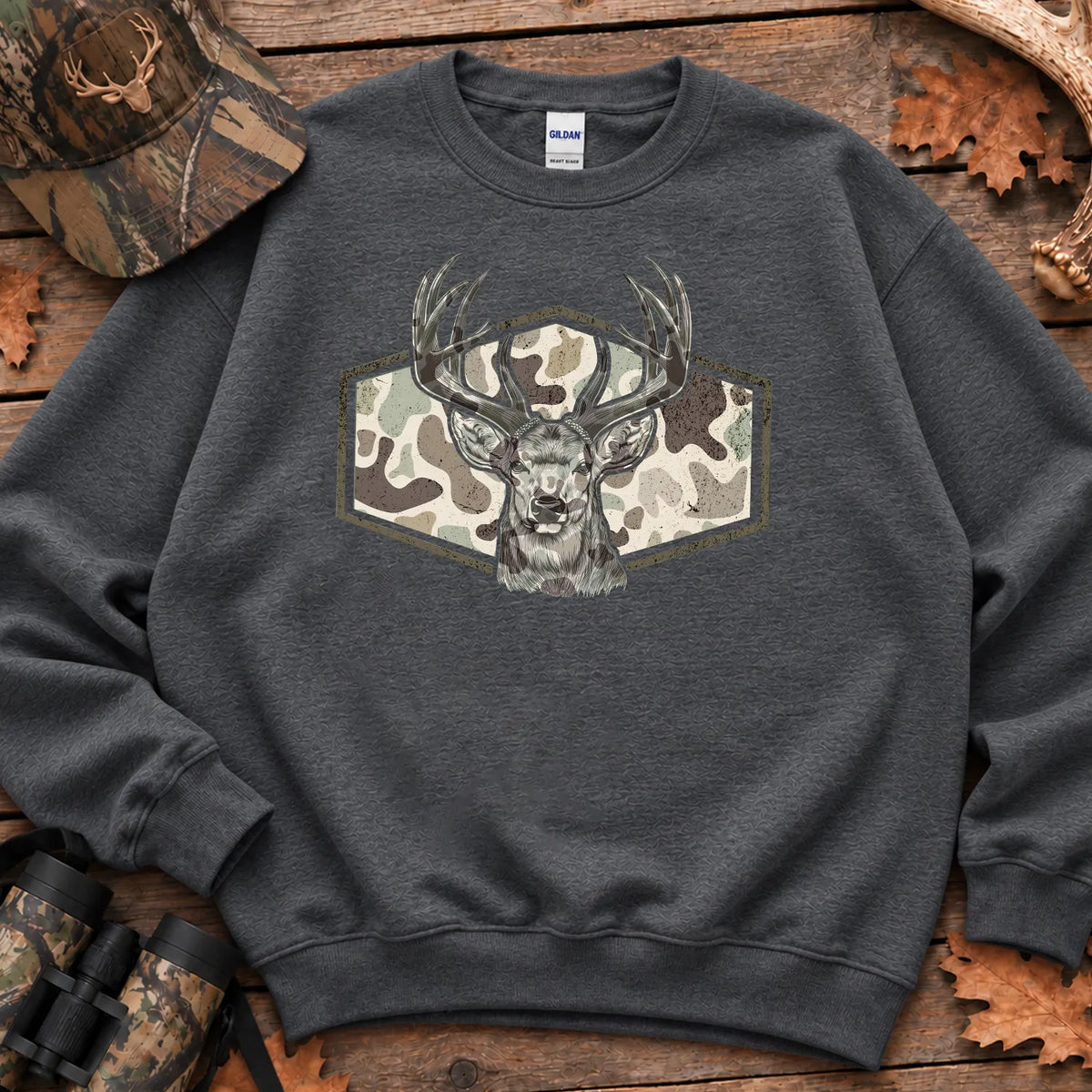 Camo Deer Hunter Badge Sweatshirt in Dark Heather