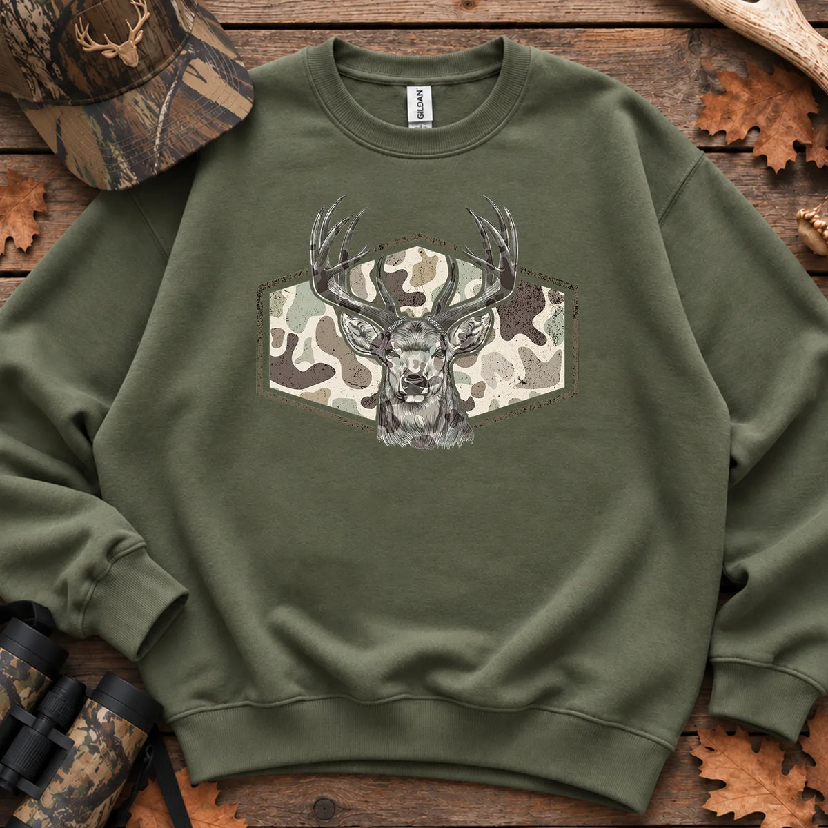 Camo Deer Hunter Badge Sweatshirt in Military Green