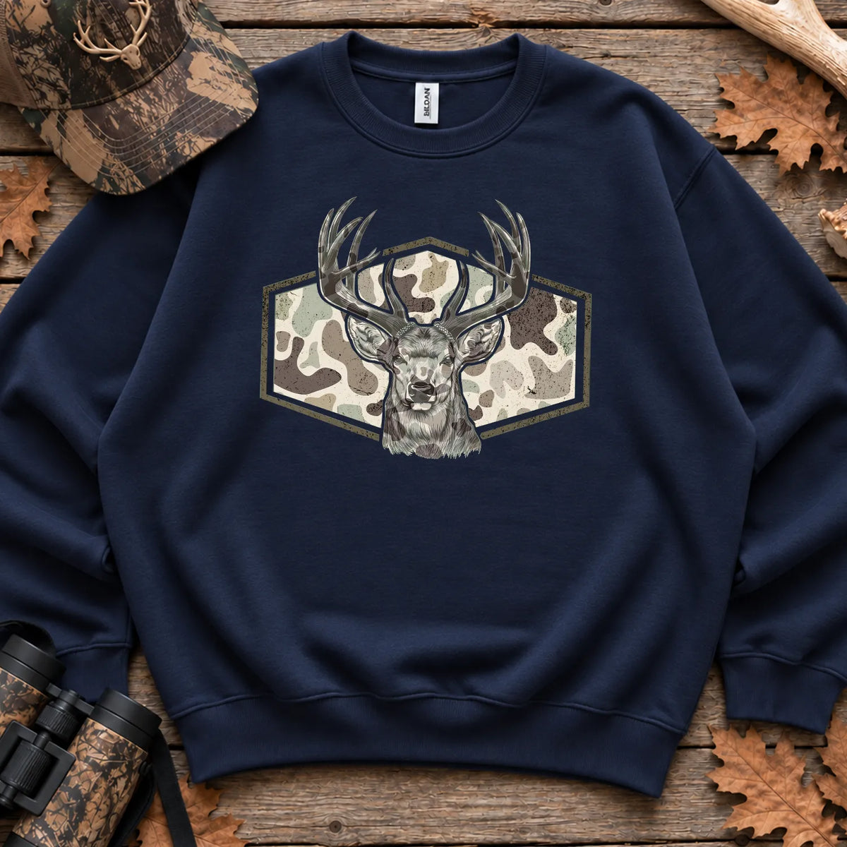 Camo Deer Hunter Badge Sweatshirt in Navy