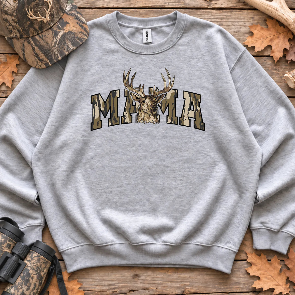Camo Deer Hunting Mama Sweatshirt in Sport Grey