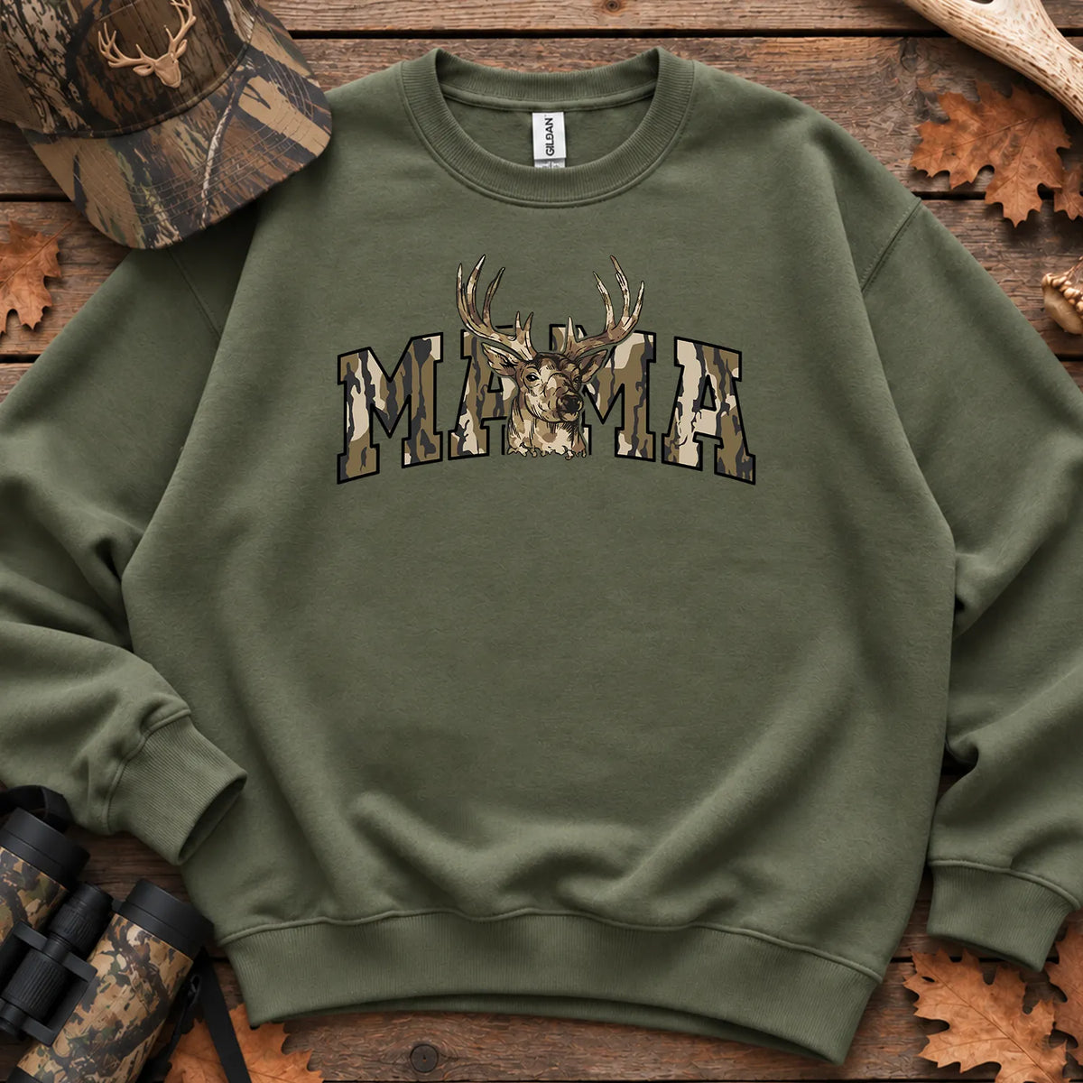 Camo Deer Hunting Mama Sweatshirt in Military Green