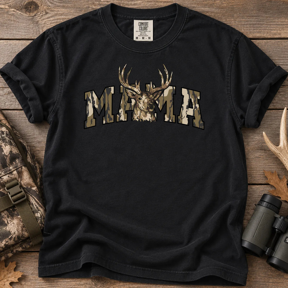 Camo Deer Hunting Mama T-Shirt in Black