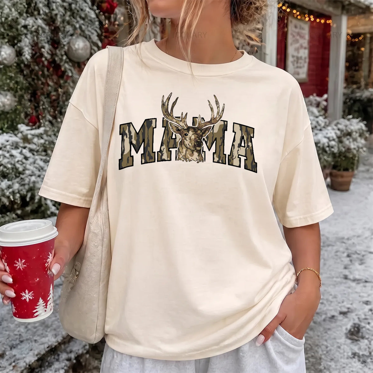 Camo Deer Hunting Mama T-Shirt Women model in Ivory