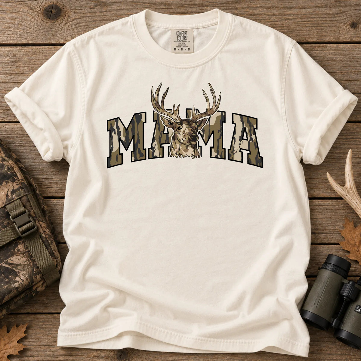 Camo Deer Hunting Mama T-Shirt in Ivory