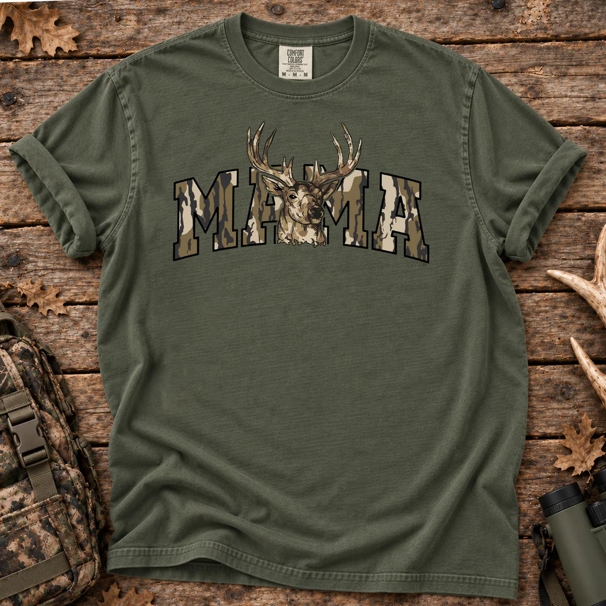 Camo Deer Hunting Mama T-Shirt in Moss