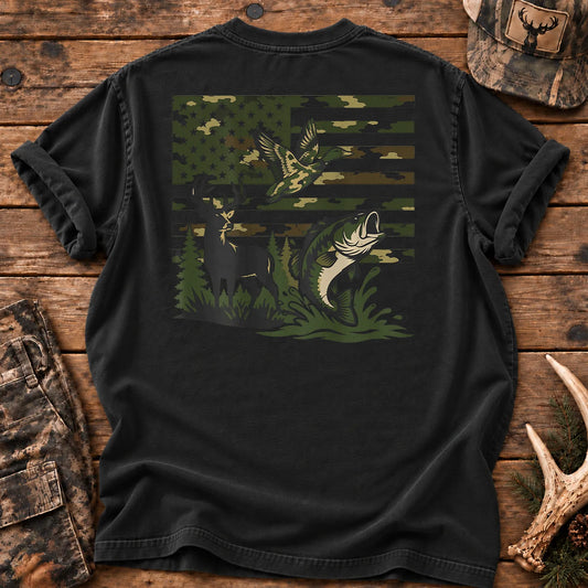 Camo Flag Hunting and Fishing T-Shirt in Black
