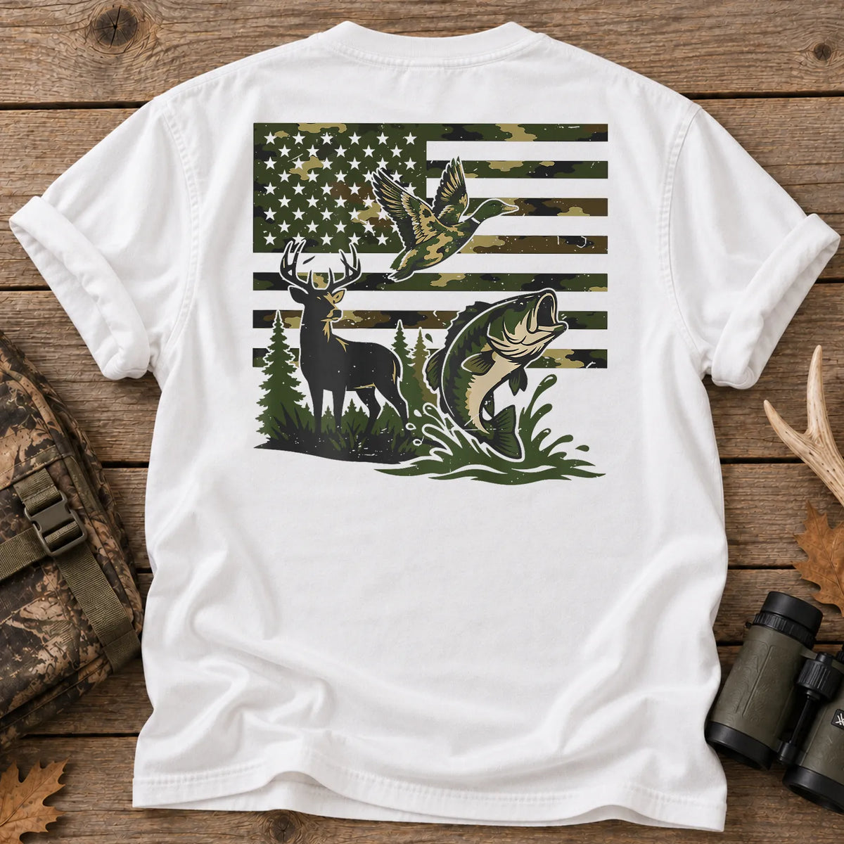 Camo Flag Hunting and Fishing T-Shirt in White