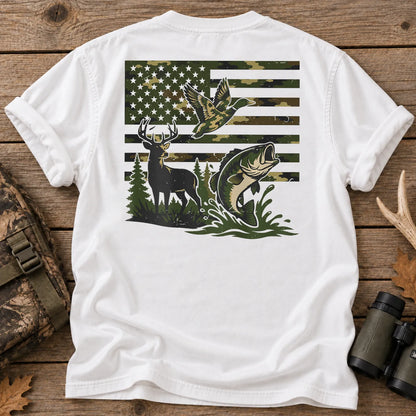 Camo Flag Hunting and Fishing T-Shirt in White