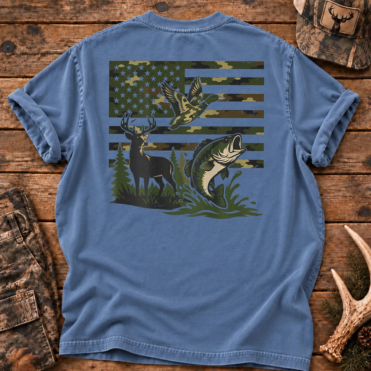 Camo Flag Hunting and Fishing T-Shirt in Blue Jean