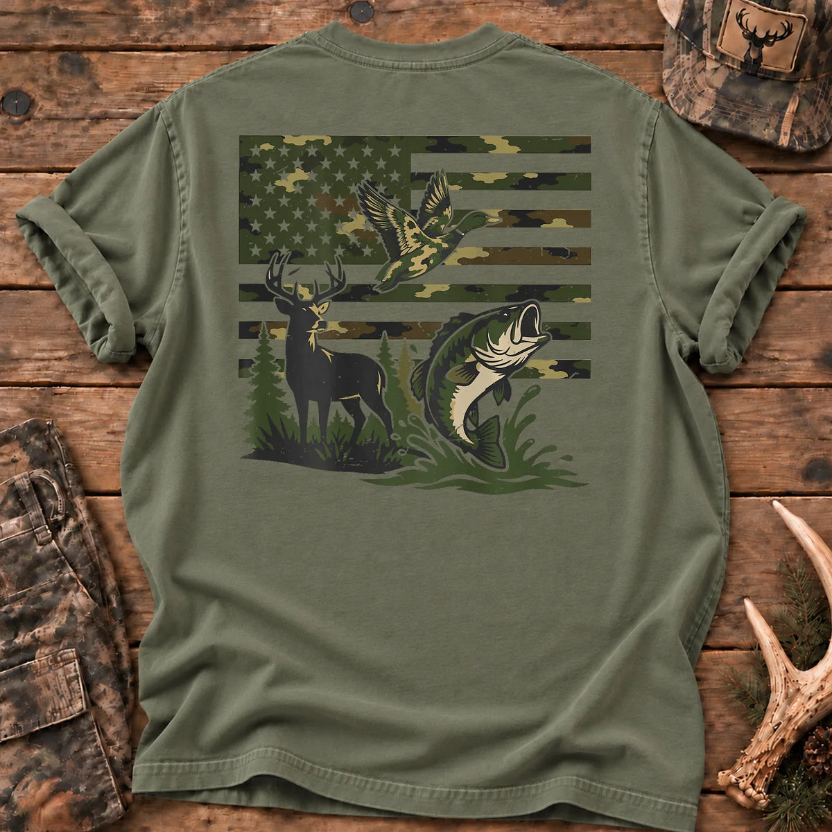 Camo Flag Hunting and Fishing T-Shirt in Moss