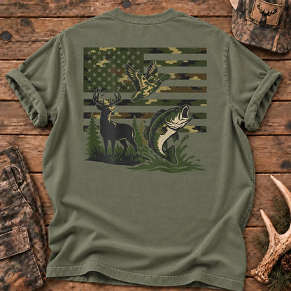 Camo Flag Hunting and Fishing T-Shirt in Moss