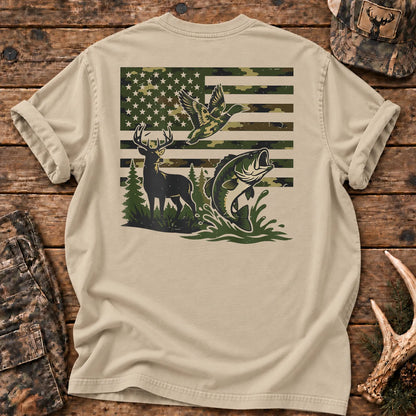 Camo Flag Hunting and Fishing T-Shirt in Sandstone