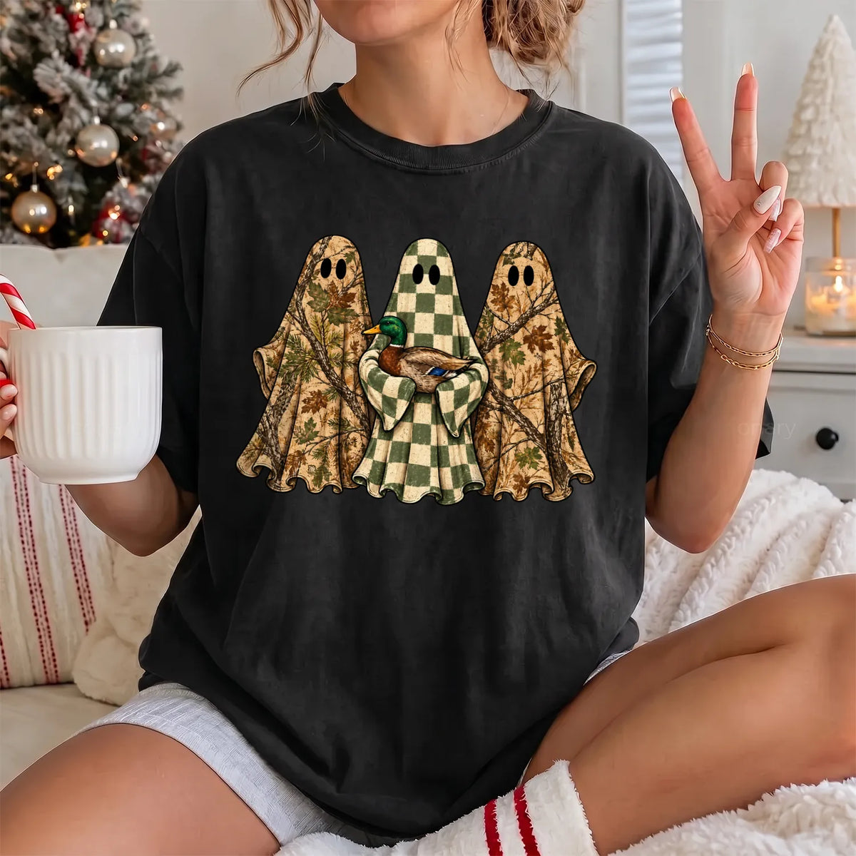 Camo Ghost Hunting T-Shirt Women model in Black