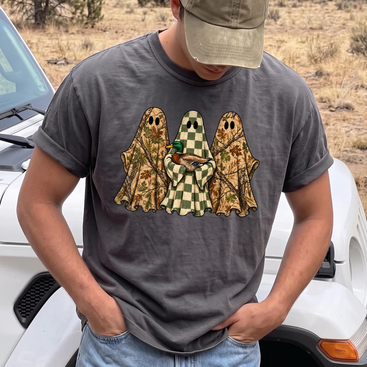 Camo Ghost Hunting T-Shirt Men model in Pepper