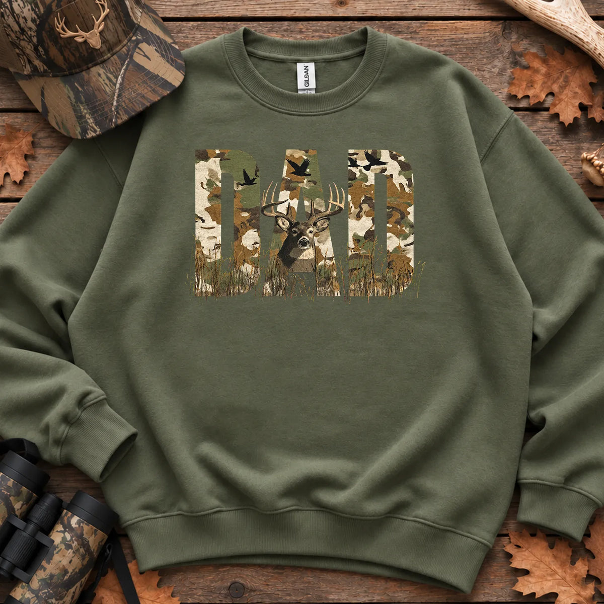 Camo Hunting Dad Forest Sweatshirt in Military Green