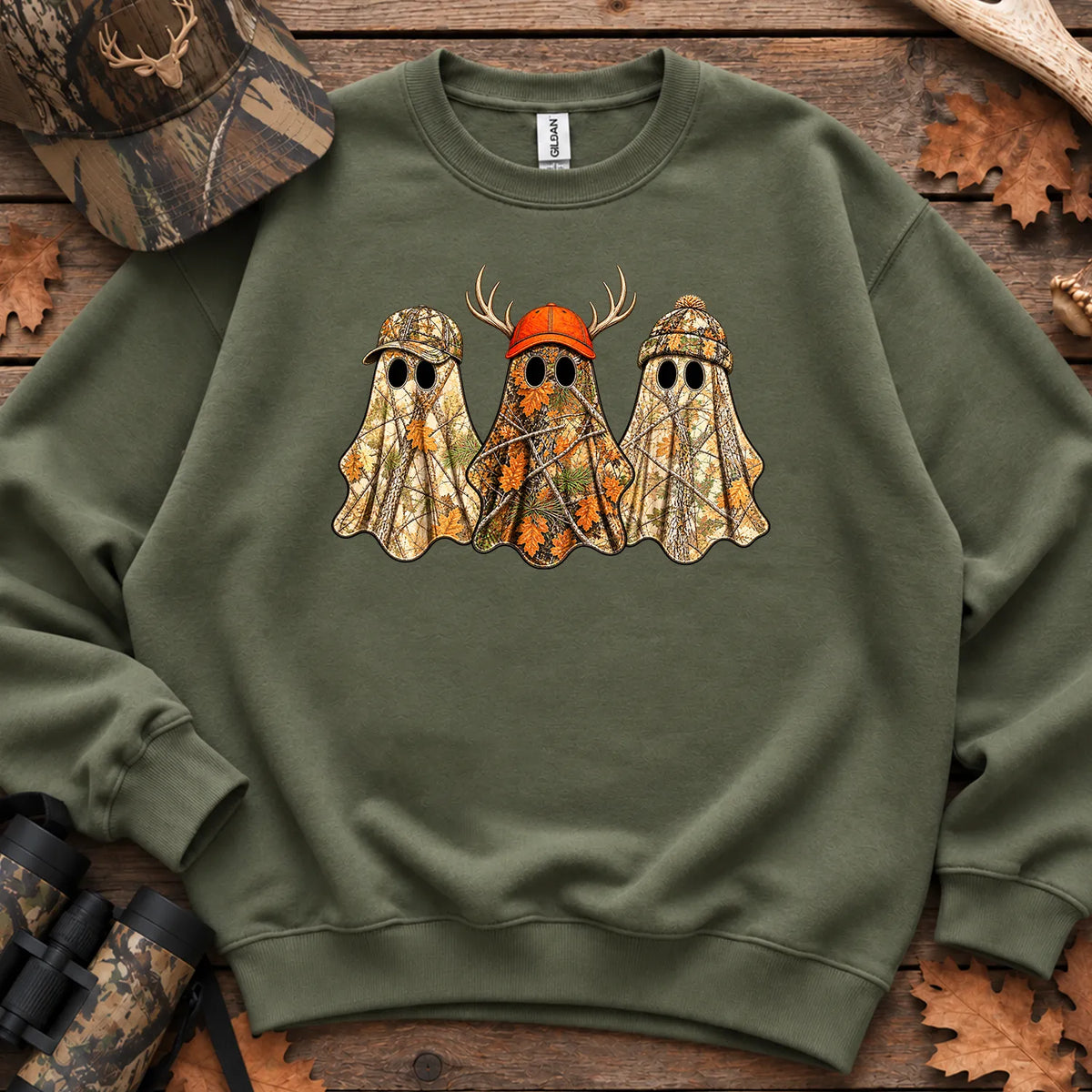 Camo Hunting Ghost Trio Sweatshirt in Military Green