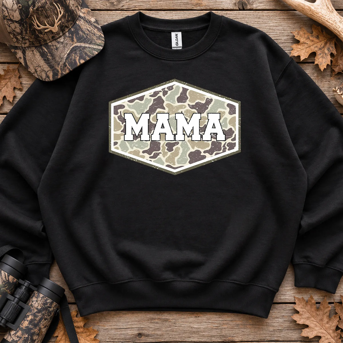 Camo Hunting Mama Badge Sweatshirt in Black