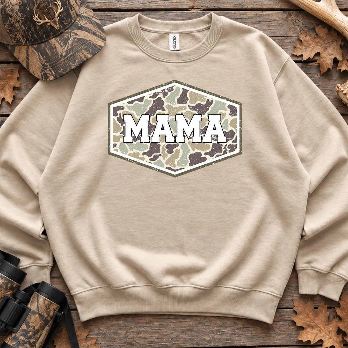 Camo Hunting Mama Badge Sweatshirt in Sand