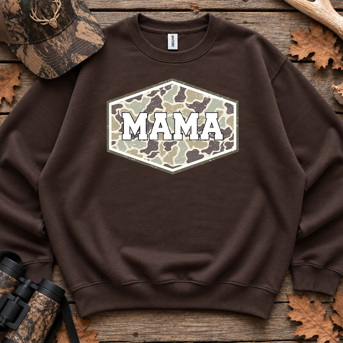 Camo Hunting Mama Badge Sweatshirt in Dark Chocolate
