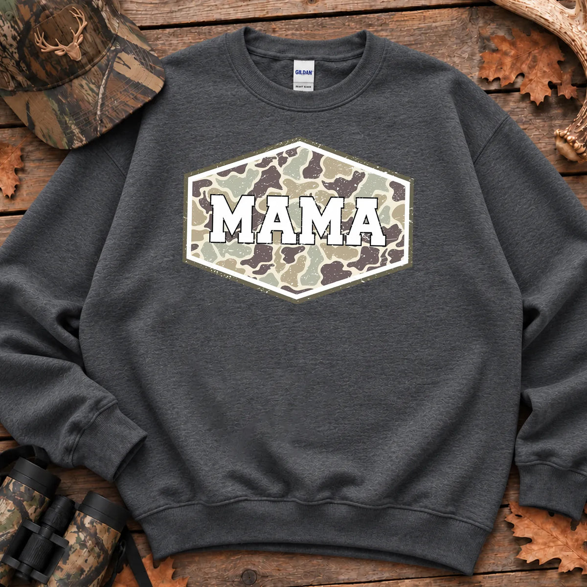 Camo Hunting Mama Badge Sweatshirt in Dark Heather